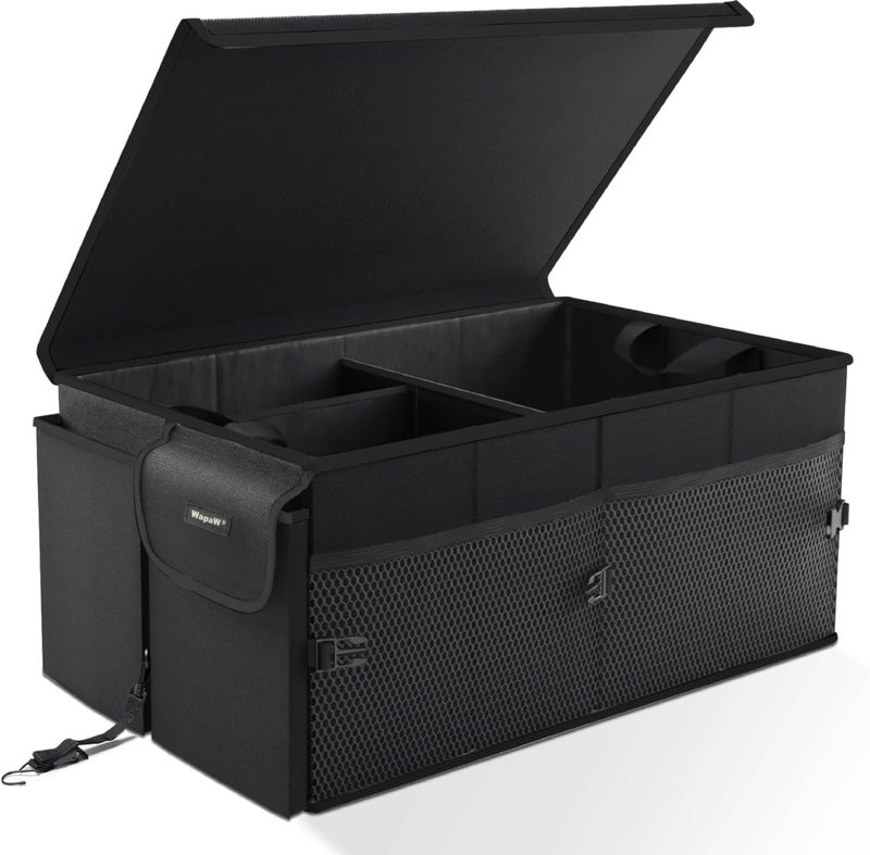 WapaW Polyester Automobiles Car Trunk Organizer Bag with Lid Large Size Multi Compartment Car Organizer (55 x 41 x 25cm) Foldable SUV Car Storage Bag with Support Strap (60L - Large) Black - Image 1