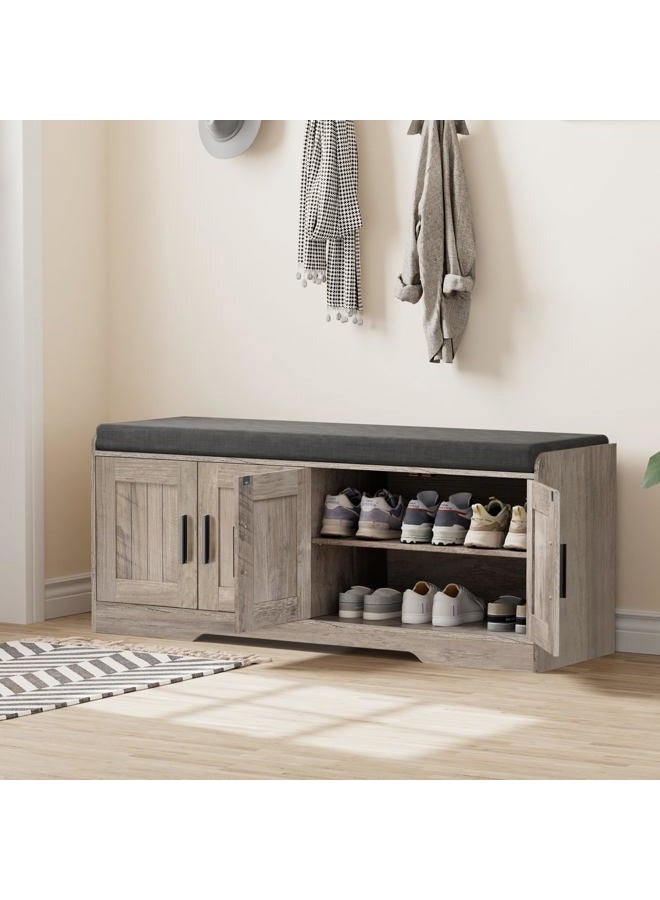 Homleke 2-Tier Storage Bench, Shoe Bench with Thickened Padded Seat Cushion, Entryway Bench with 4 Doors, Adjustable Shelf, 13.8" D x 45.3" W x 18.5" H, for Entryway, Living Room, Bedroom, Greige - Image 2