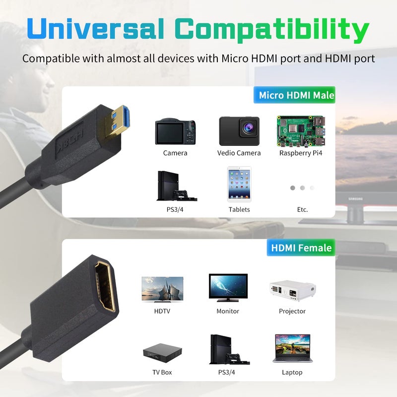 دوتك كابل 48Gbps رفيع جدًا من HDMI أنثى إلى Micro HDMI ذكر، يدعم HDR الديناميكي، لـ GoPro وكاميرا رقمية إلخ. 1 قدم/30 سم - Image 3