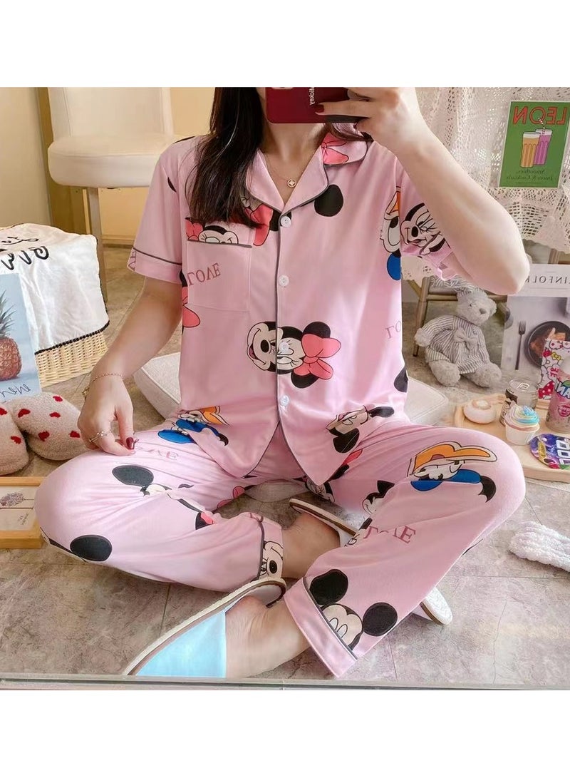 DubaiGallery Satin Pajamas Cute Pijama Nightie Sleepwear Fall Home Clothes Tops and Pants Women's Silk Pajamas Mickey Mouse Pajama Set Women