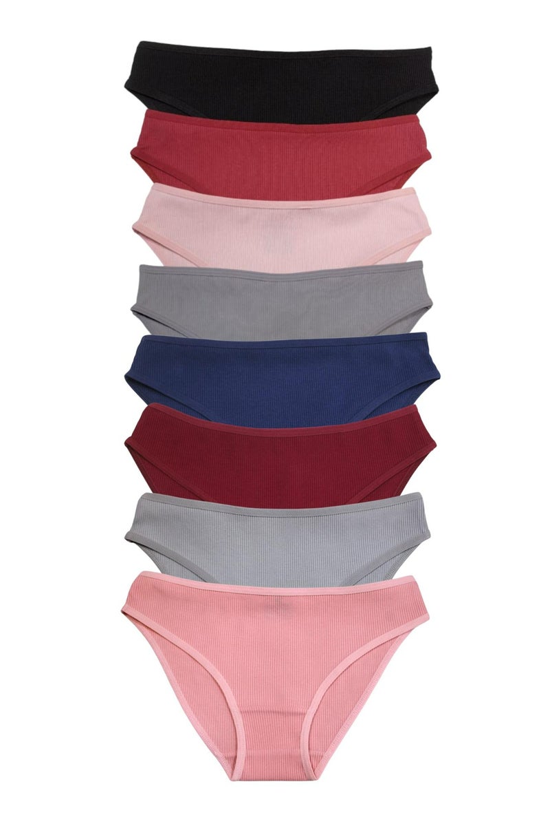 COLORS Pack of 8 Women's Everyday Ribbed Cotton Derby Bikini Panties Underwear - Image 1