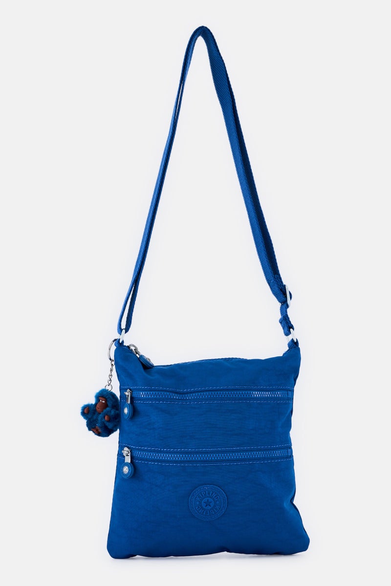 kipling حقيبة كتف نسائية بشعار العلامة التجارية مع حلقة مفاتيح، أزرق داكن - Image 1