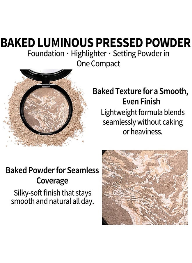 HUDA STORY Glow Fusion, Baked Luminous Pressed Powder–Glow-Infused Foundation,Highlighter & Setting Powder in One–Color-Correcting,Oil-Control,Long-Lasting Coverage for All Skin Tones #05 Tan - Image 4
