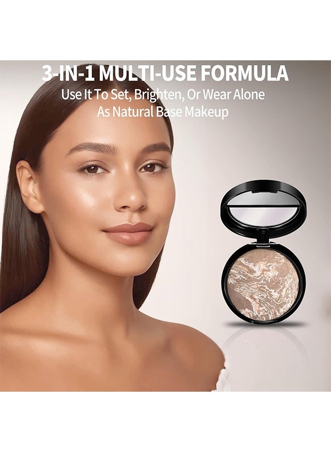 HUDA STORY Glow Fusion, Baked Luminous Pressed Powder–Glow-Infused Foundation,Highlighter & Setting Powder in One–Color-Correcting,Oil-Control,Long-Lasting Coverage for All Skin Tones #05 Tan - Image 3