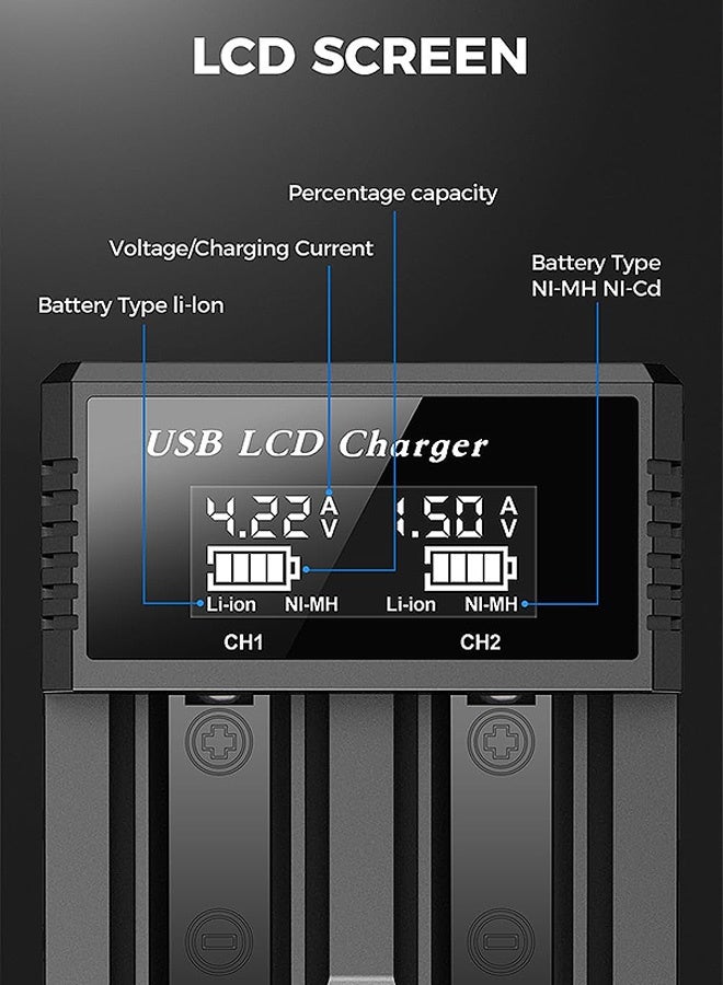 إم إكس إن شاحن بطارية 18650، شاحن بطاريات قابلة لإعادة الشحن بشاشة عرض CD لبطاريات AA/AAA Ni-MH/Ni-Cd، 3.7 فولت ليثيوم أيون 18650 17500 14500 26650 21700 IMR/INR/ICR - Image 3