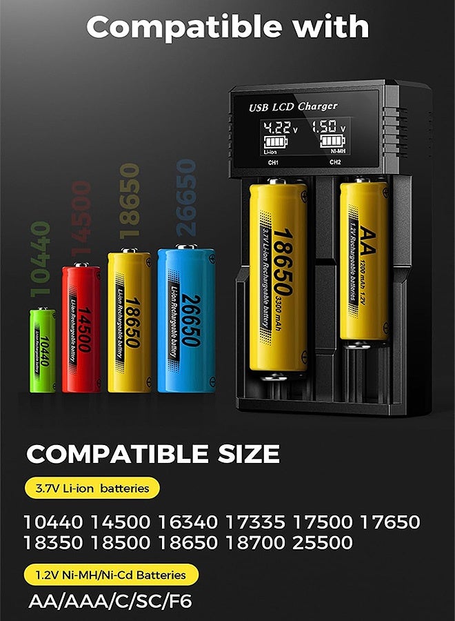 إم إكس إن شاحن بطارية 18650، شاحن بطاريات قابلة لإعادة الشحن بشاشة عرض CD لبطاريات AA/AAA Ni-MH/Ni-Cd، 3.7 فولت ليثيوم أيون 18650 17500 14500 26650 21700 IMR/INR/ICR - Image 2