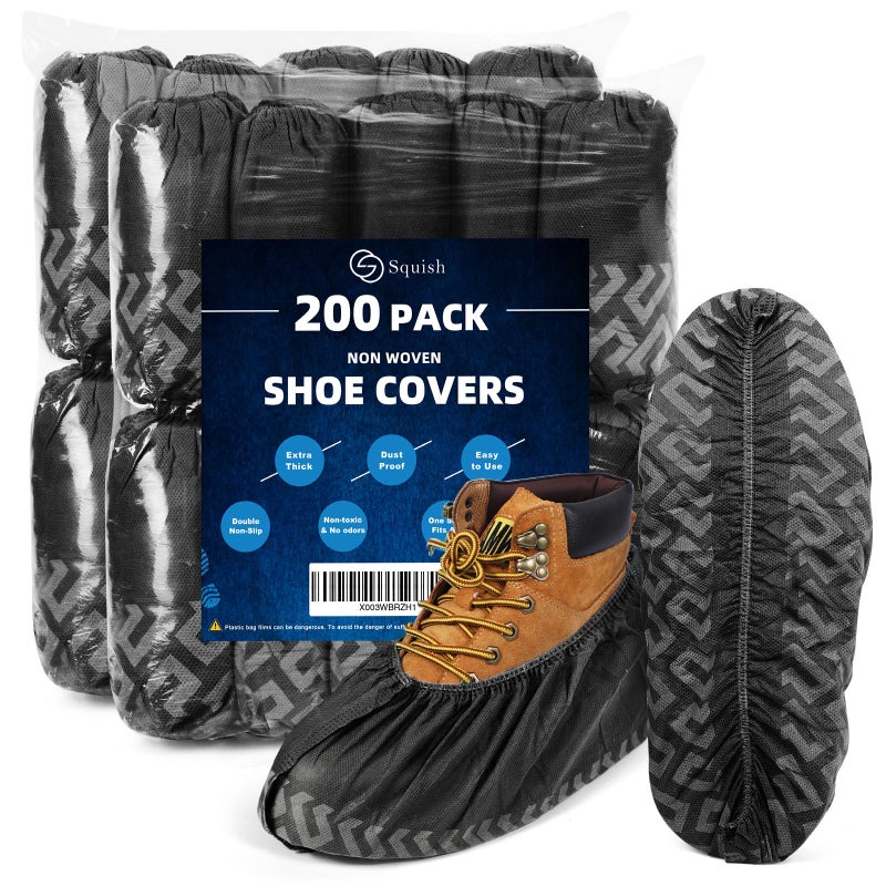 squish 200 Pack Shoe Covers Disposable Non-Slip, Black Non-Woven Fabric Boot Covers for Indoors Breathable Slip Resistant Durable Boot&Shoes Cover, Protector Covers Fits Virtually Most Shoes - Image 1