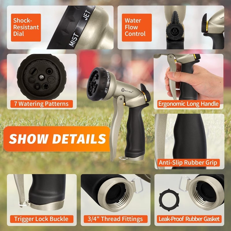 AUTOMAN Garden Hose Nozzle-7 Patterns Sprayer-2 Pack, Metal High Pressure Spray Nozzle, Heavy Duty Labor-Saving Design Water Hose Nozzle for Garden Watering, Car Washing, Window Cleaning, Pets Bathing - Image 2