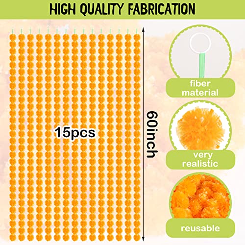Giegxin 15 Pack Marigold Garland for Decoration 5 ft Long Strands Faux Artificial Marigold Flowers Diwali Indian Wedding Party Mantle Decor for Día De Muertos Pooja Religious Pongal(Light Orange) - Image 3