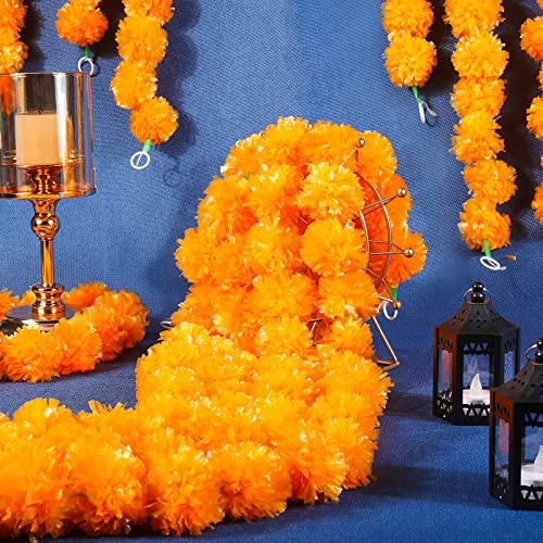 Giegxin 15 Pack Marigold Garland for Decoration 5 ft Long Strands Faux Artificial Marigold Flowers Diwali Indian Wedding Party Mantle Decor for Día De Muertos Pooja Religious Pongal(Light Orange) - Image 2