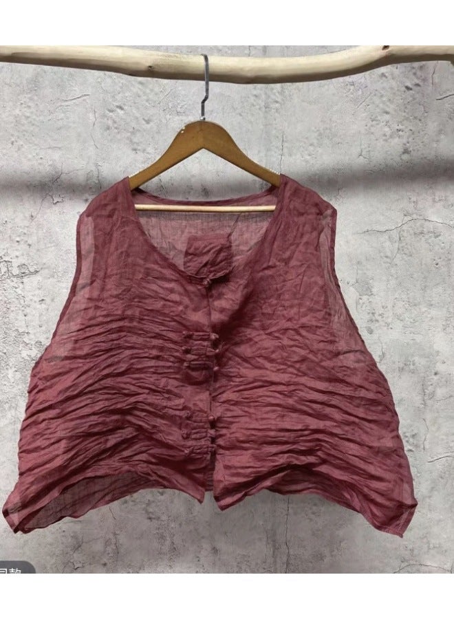 Spring And Summer New Artistic Style Round Neck Dirty Wash Ramie Sleeveless Vest Buckle Design Women's Ware 