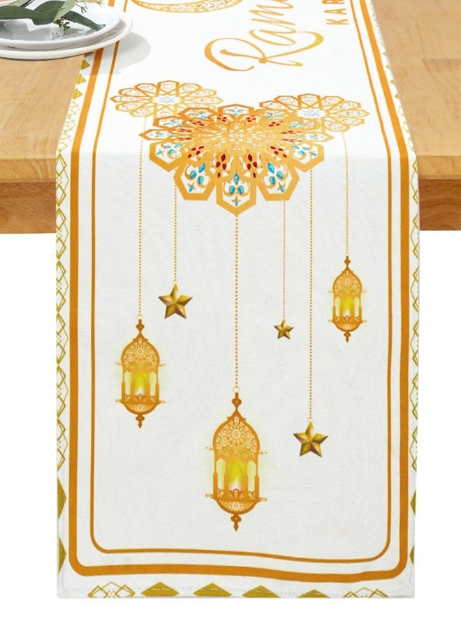 زينة مفرش طاولة عيد مبارك، أبيض وذهبي بنقوش مسجد رمضانية، ديكور مثالي لطاولة الطعام والمطبخ في المنزل، مقاس 13 × 72 بوصة. - Image 1