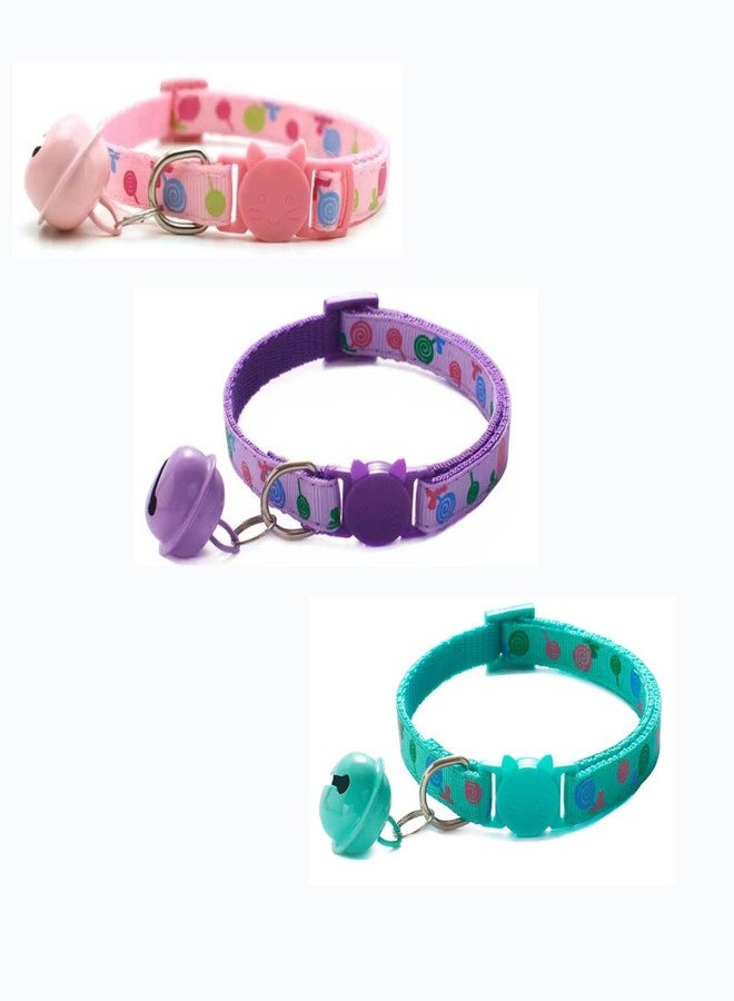 LitVibes Cat Collar Set Of 3 With Bell,Kitten Kitty & Small Dogs Soft Adjustable Collar,Safe,Breakaway For Cats And Puppies-Pink,Purple,Turquoise (Lollipop Design),?14 cm,W_2 cm - Image 1