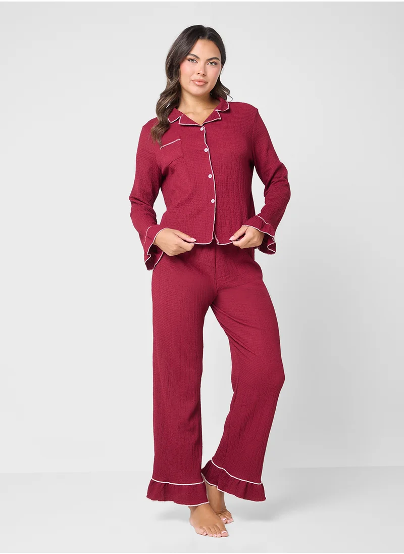 Ginger Button Down Pyjama Set With Contrast Trim
