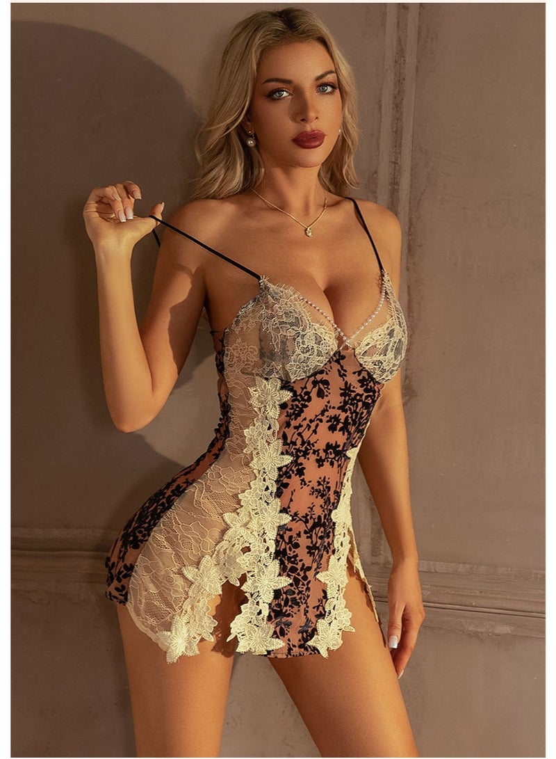 Women's Sheer Mesh Lace Babydoll Nightdress, Floral Velvet Print Spaghetti Strap Lingerie, Open Back Chemise Sleepwear - Image 3