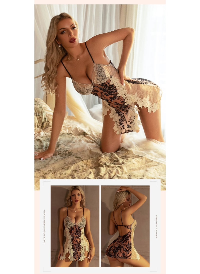 Women's Sheer Mesh Lace Babydoll Nightdress, Floral Velvet Print Spaghetti Strap Lingerie, Open Back Chemise Sleepwear - Image 4