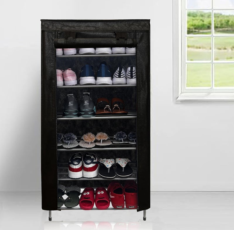 SANAMSTORE Metal 6 Tier Rack Shoe/Clothes/books stand Rack with cover for home (Need to Be Assemble - DIY) -Black, Cm - Image 1
