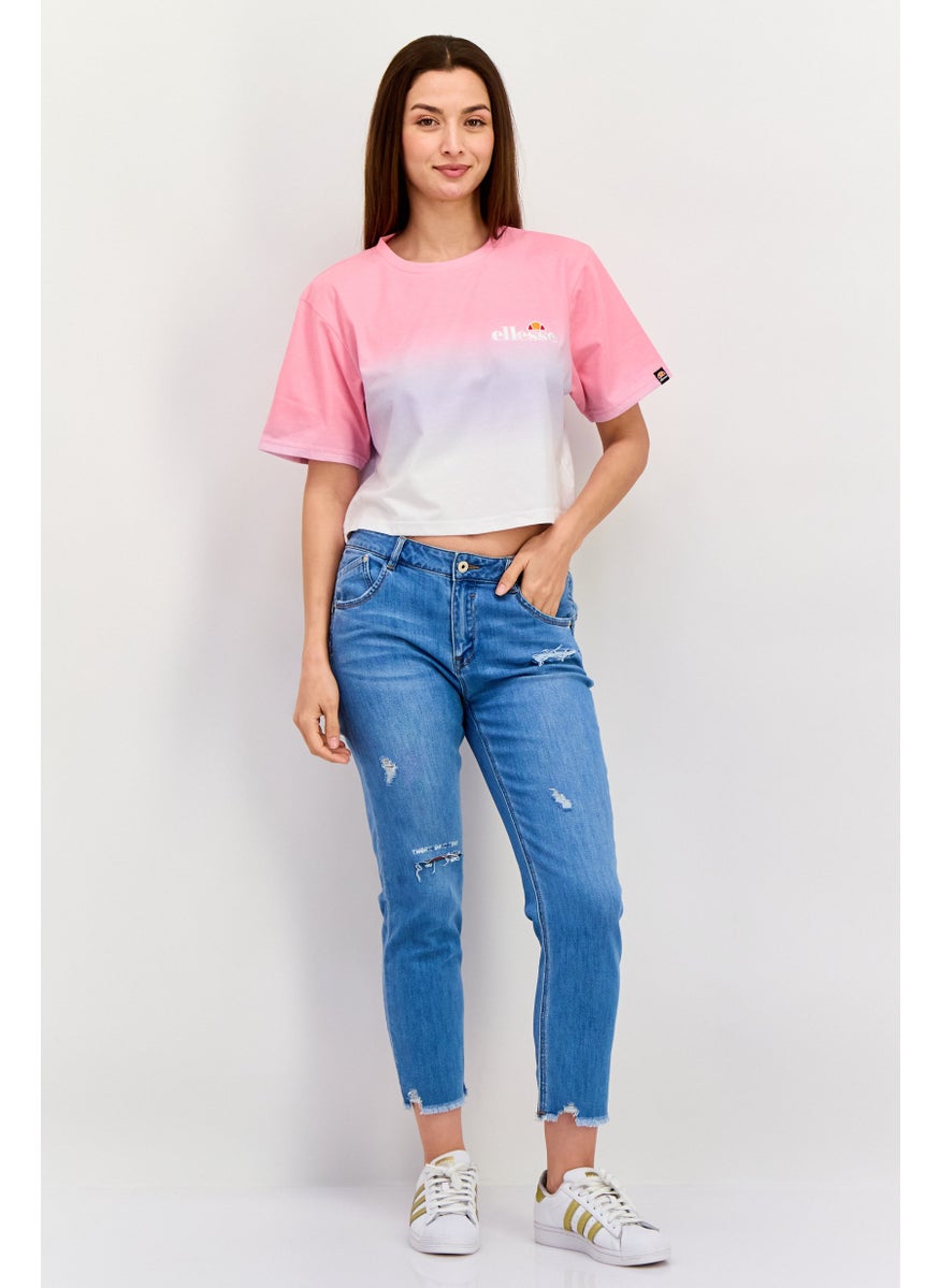 Ellesse - Women Crew Neck Short Sleeve Brand Logo Crop Top, Pink Combo - Image 1