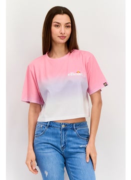 Women Crew Neck Short Sleeve Brand Logo Crop Top, Pink Combo