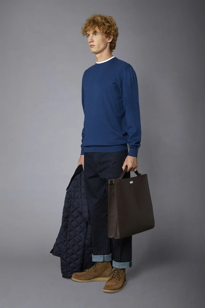 Doppelganger Blue Men's roundneck wool and cotton sweater - Royal for Men | Best Price UAE