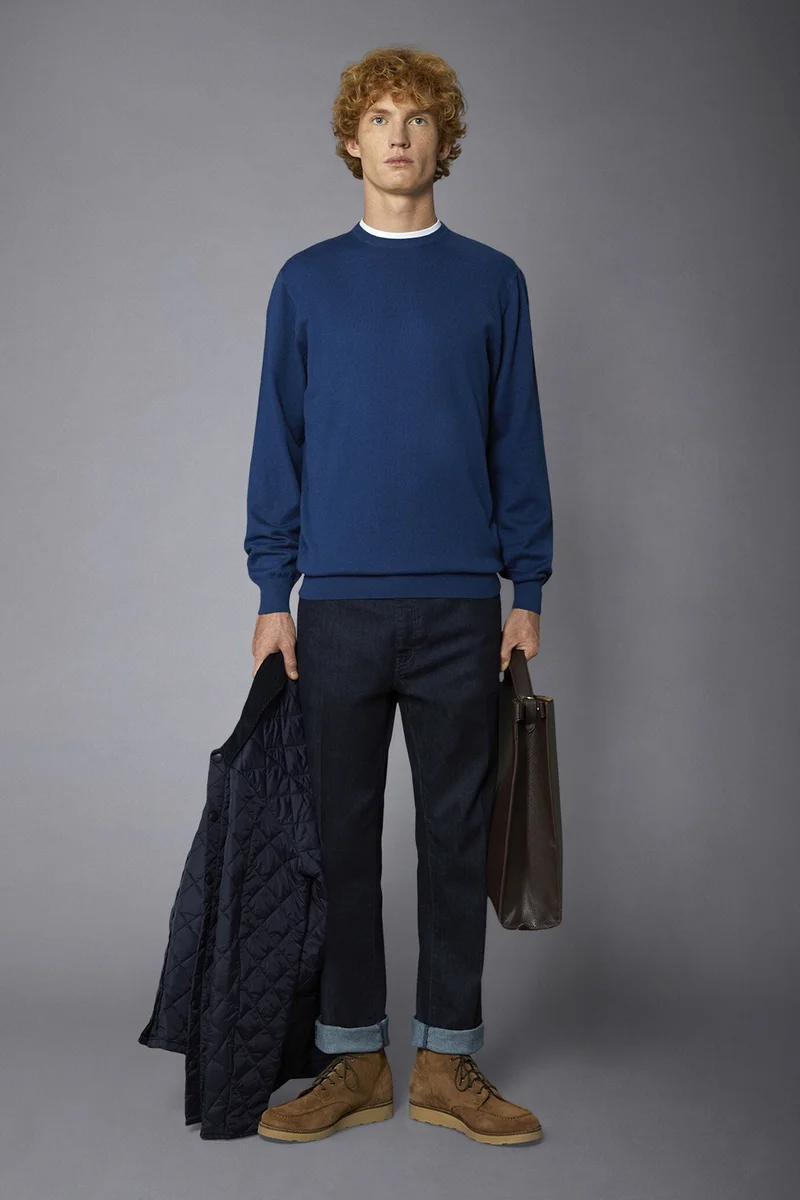 Men's roundneck wool and cotton sweater - Royal