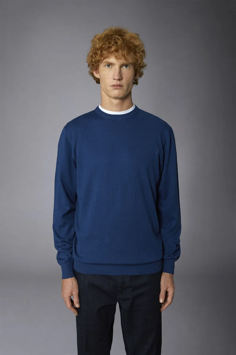 Doppelganger Blue Men's roundneck wool and cotton sweater - Royal for Men | Best Price UAE