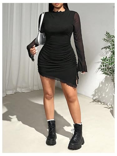 BEAUDRM Women's Plus Size Bodycon Dresses Long Bell Sleeve Wedding Guset Dress Mesh Sheer Party Club Mini Short Dresses Black 3X-Large Plus - Image 5