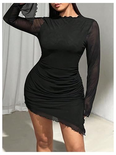 BEAUDRM Women's Plus Size Bodycon Dresses Long Bell Sleeve Wedding Guset Dress Mesh Sheer Party Club Mini Short Dresses Black 3X-Large Plus - Image 3