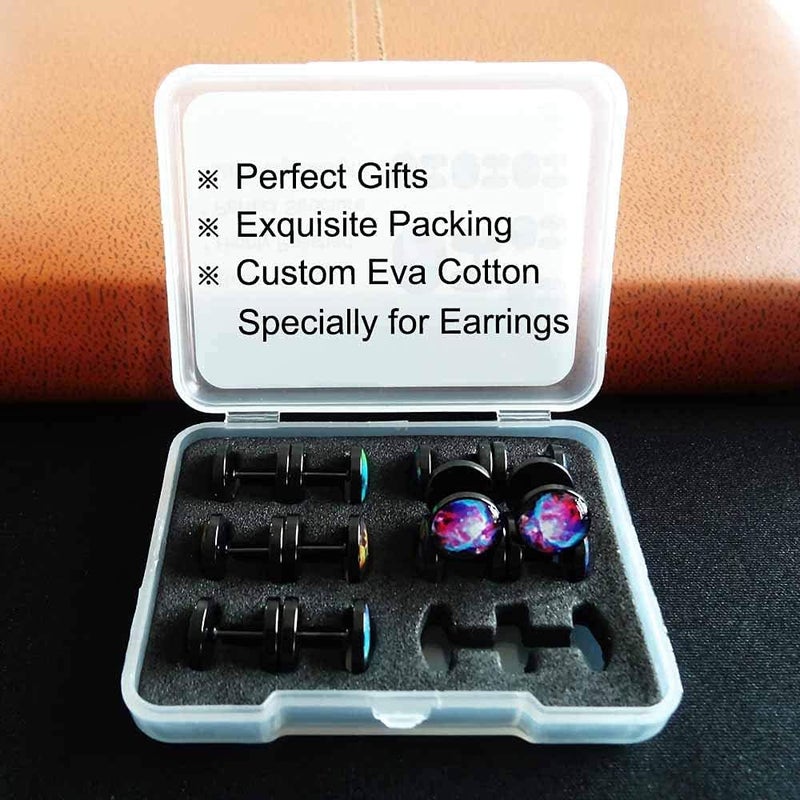 FLYUN Fake Gauges, 6 Pairs Men's Earrings, Faux Plugs Black Stud Surgical Steel Screw Flat Back Punk Earrings Hypoallergenic 18G/1MM - Image 3
