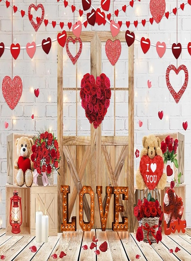 LTLYH 7x5ft Valentine's Day Photography Backdrops White Brick Wall Wood Door and Red Rose Flower Love Heart Background Birthday Baby Shower Party Decorations Portrait Photo Booth 249 - Image 1