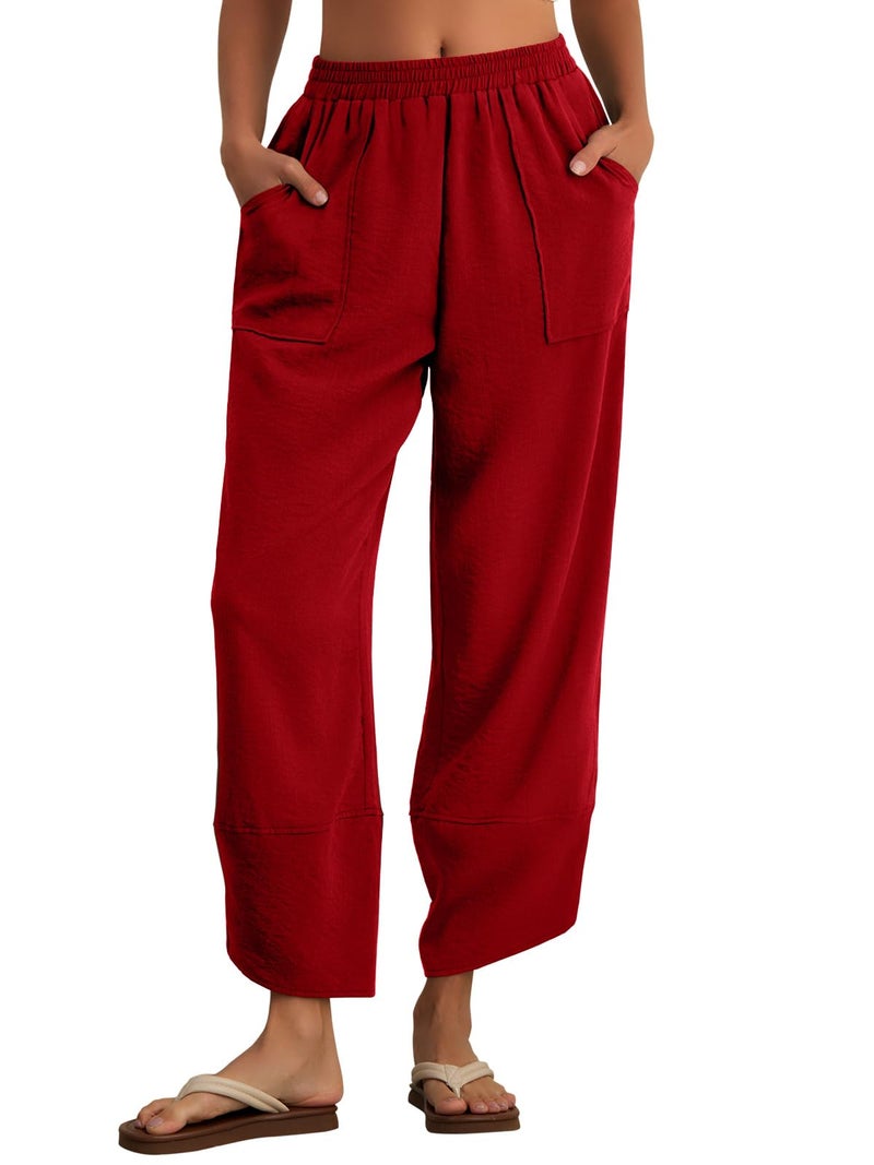 Feiersi Womens Baggy Wide Leg Pants Elastic Waisted Casual Palazzo Harem Pants Summer Beach Trousers(Wine Red,X-Large) - Image 2