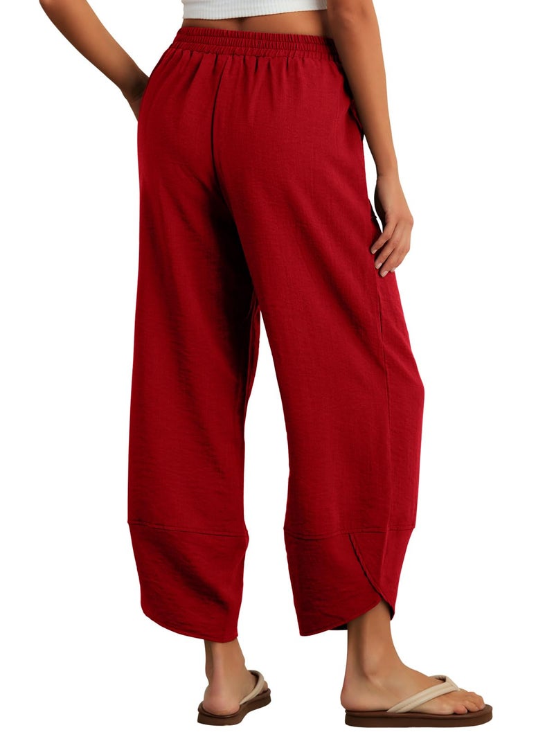 Feiersi Womens Baggy Wide Leg Pants Elastic Waisted Casual Palazzo Harem Pants Summer Beach Trousers(Wine Red,X-Large) - Image 5
