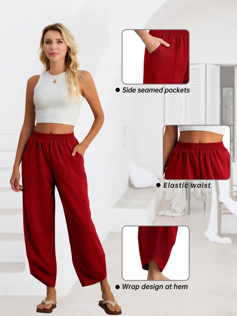Feiersi Womens Baggy Wide Leg Pants Elastic Waisted Casual Palazzo Harem Pants Summer Beach Trousers(Wine Red,X-Large) - Image 4
