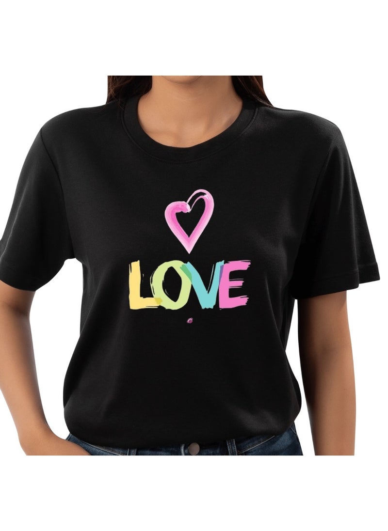 Generic - Black cotton T-shirt for daily wear with a printed design featuring a heart shape and the word 'Love' in multiple colors - Image 1