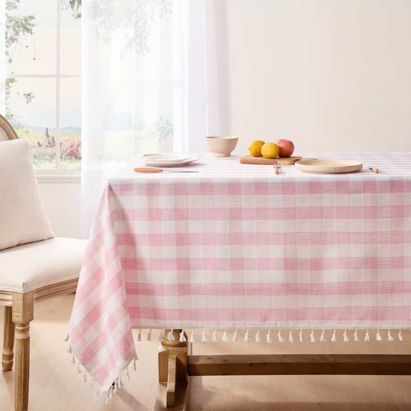 Softalker Pink Gingham Tablecloth Rectangle, Outdoor Linen Cotton Checkered Table Cloth with Tassel, Heavy Duty Wrinkle Free Buffalo Plaid Table Cover for Easter Dining Spring Party - 55 x 84 Inch - Image 1
