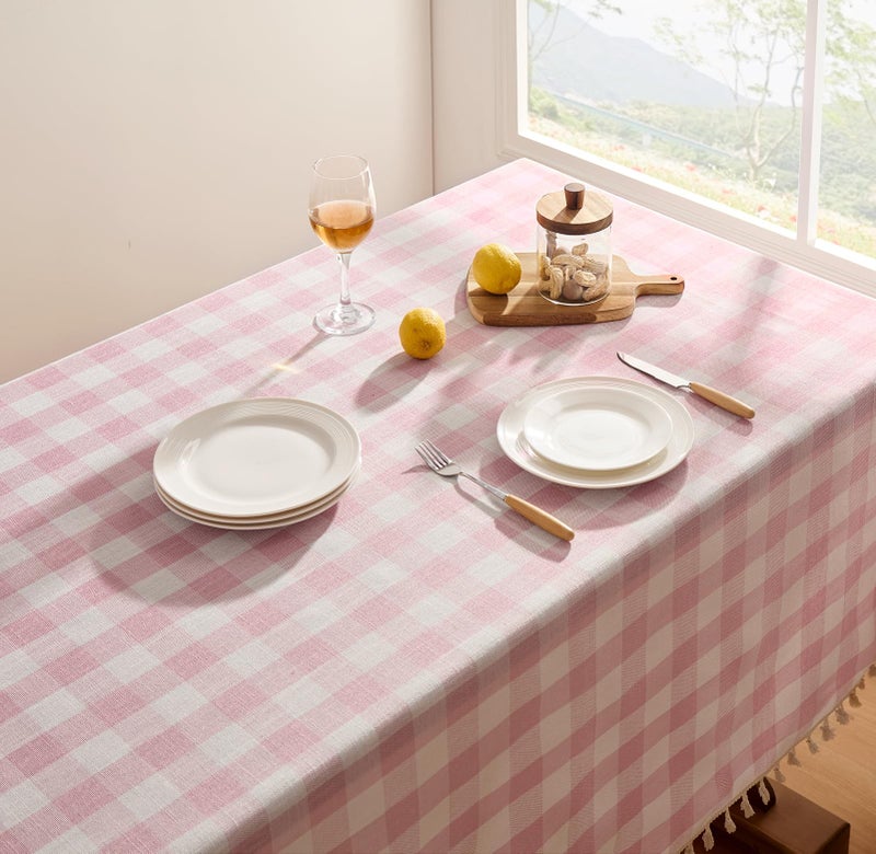 Softalker Pink Gingham Tablecloth Rectangle, Outdoor Linen Cotton Checkered Table Cloth with Tassel, Heavy Duty Wrinkle Free Buffalo Plaid Table Cover for Easter Dining Spring Party - 55 x 84 Inch - Image 2