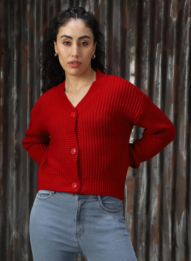HIGH STAR Women's Red 100% Acrylic Solid Sweater