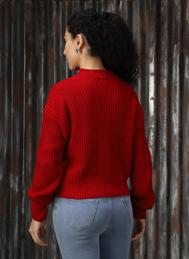 HIGH STAR Women's Red 100% Acrylic Solid Sweater  - Image 3