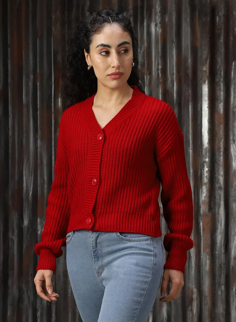 HIGH STAR Women's Red 100% Acrylic Solid Sweater