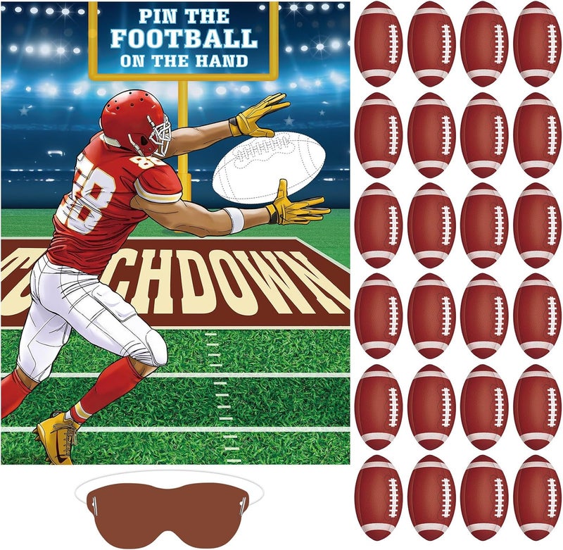 Faccito Pin The Football Game Football Party Games Activity Pin The Football on The Hand Poster with 24 Pcs Football Stickers Blindfold Birthday Party Game for Football Party Decorations Supplies - Image 1
