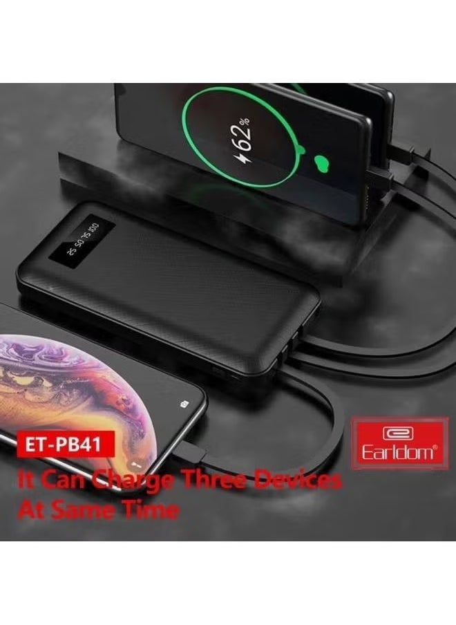 Earldom 10000mAh Power Bank with 3 In-Built Charging Cables, LCD Display, Compact and Lightweight Portable Charger for Smartphones, Tablets, and More – Fast Charging, Convenient, and Reliable Power for On-the-Go Use (Black) - Image 1