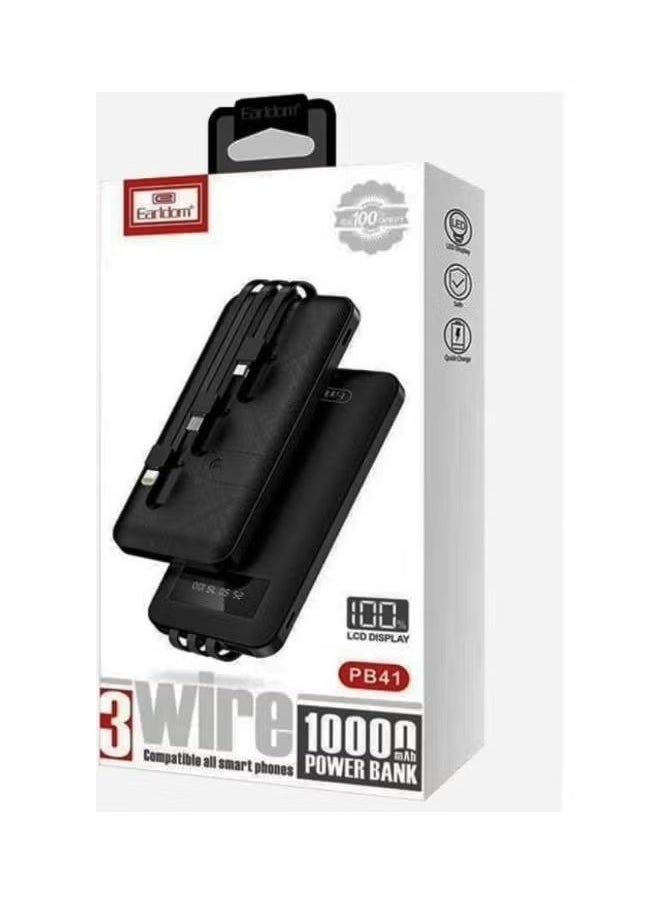 Earldom 10000mAh Power Bank with 3 In-Built Charging Cables, LCD Display, Compact and Lightweight Portable Charger for Smartphones, Tablets, and More – Fast Charging, Convenient, and Reliable Power for On-the-Go Use (Black) - Image 2