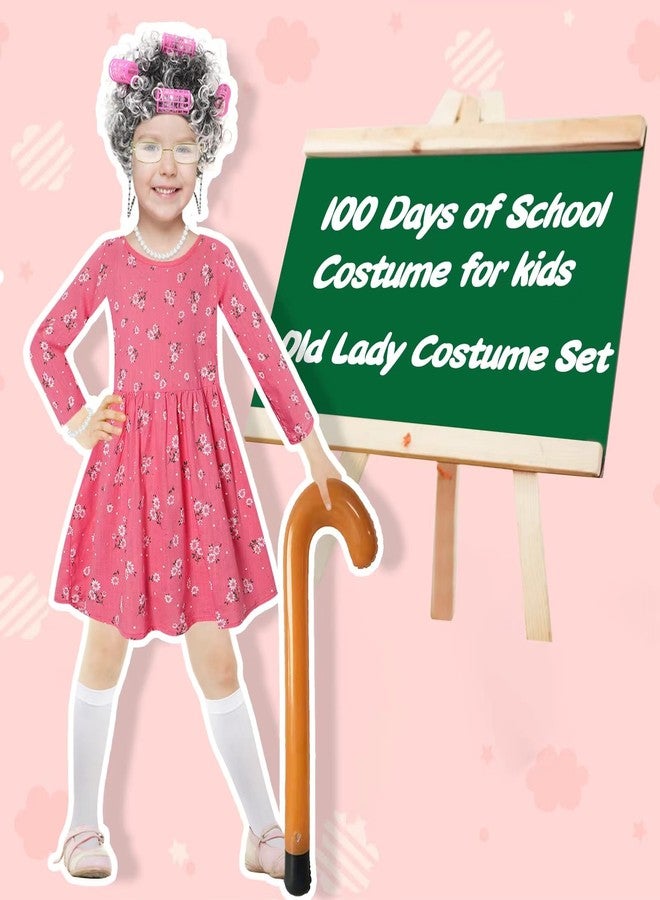 Elefama Old Lady Costume for Kids Girls 5t -6t 100 Days of School Costume Outfit 100th Day of School Dress Up for Girls Kids Granny Grandma Costume Old Person 100 Year Old Costume Old Lady Dress Wig for Kids - Image 3
