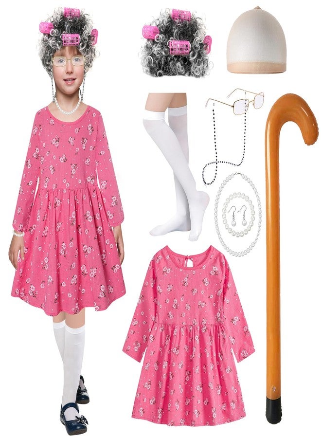Elefama Old Lady Costume for Kids Girls 5t -6t 100 Days of School Costume Outfit 100th Day of School Dress Up for Girls Kids Granny Grandma Costume Old Person 100 Year Old Costume Old Lady Dress Wig for Kids - Image 1
