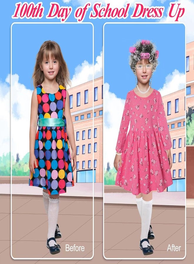 Elefama Old Lady Costume for Kids Girls 5t -6t 100 Days of School Costume Outfit 100th Day of School Dress Up for Girls Kids Granny Grandma Costume Old Person 100 Year Old Costume Old Lady Dress Wig for Kids - Image 4
