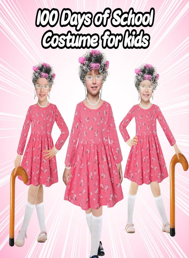 Elefama Old Lady Costume for Kids Girls 5t -6t 100 Days of School Costume Outfit 100th Day of School Dress Up for Girls Kids Granny Grandma Costume Old Person 100 Year Old Costume Old Lady Dress Wig for Kids - Image 2