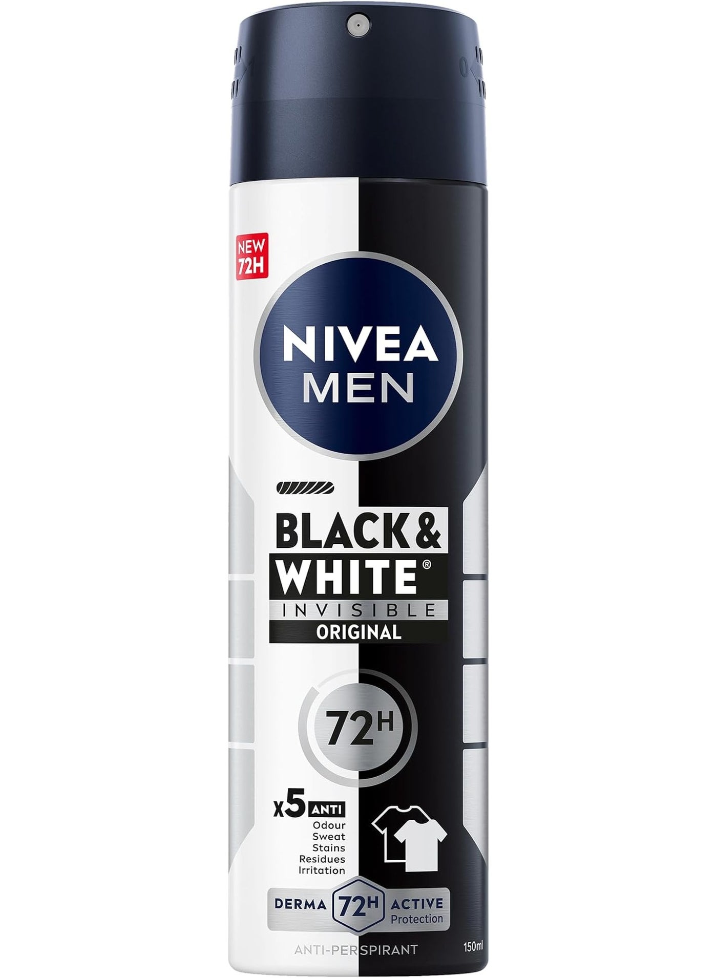 NIVEA MEN Black & White Invisible Antiperspirant Deodorant Spray, Original, 72H Active Protection, 5IN1, Anti-Odour, Sweat, Stains, Residues & Irritation, 150ml