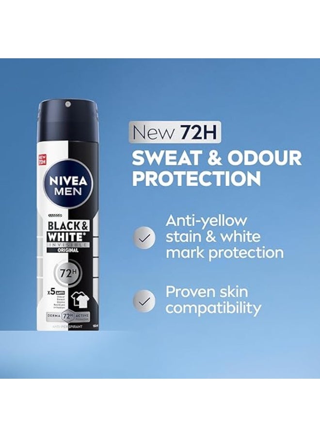 NIVEA MEN Black & White Invisible Antiperspirant Deodorant Spray, Original, 72H Active Protection, 5IN1, Anti-Odour, Sweat, Stains, Residues & Irritation, 150ml - Image 5