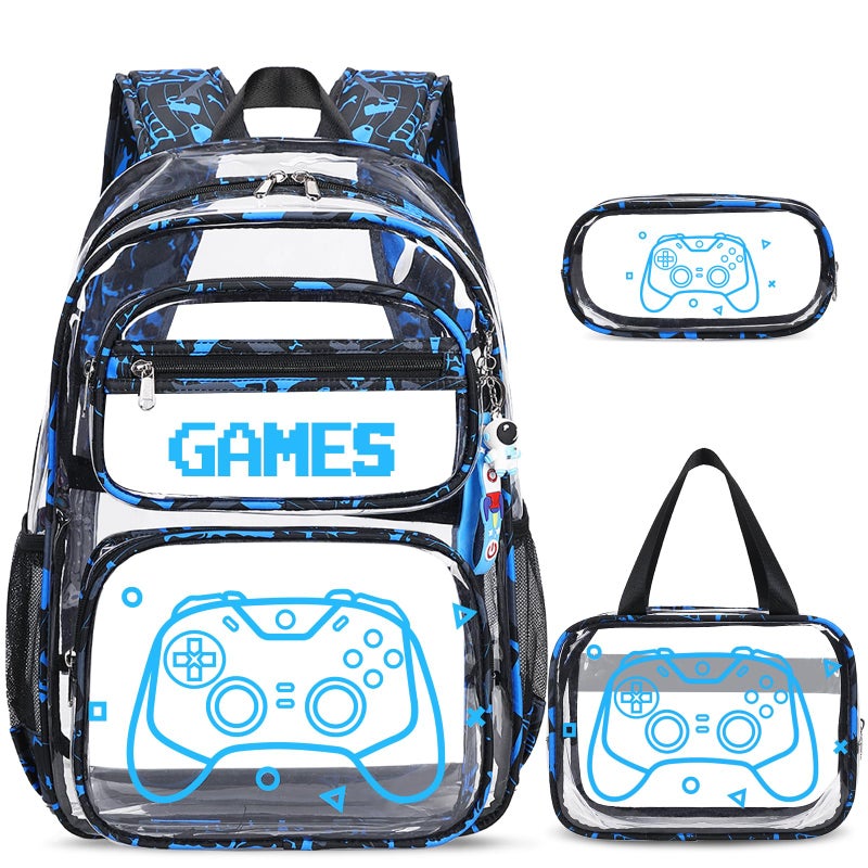 ACESAK Clear Backpack for Boys 3 Pcs Game Clear Backpack Heavy Duty with Lunch Bag See Through Bookbag Stadium Approved for Kids Middle High College School Travel Blue Print Game - Image 2