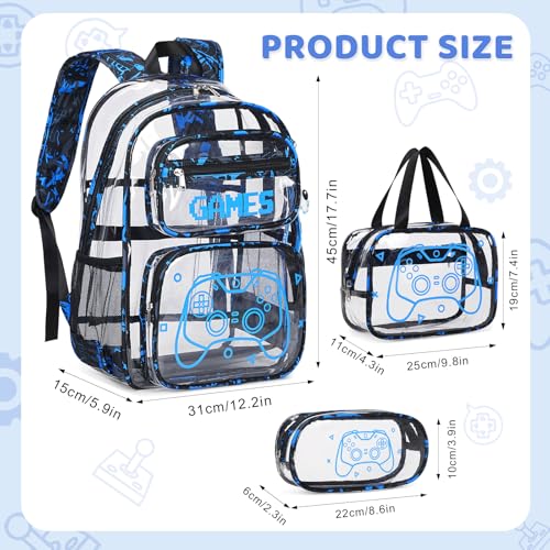 ACESAK Clear Backpack for Boys 3 Pcs Game Clear Backpack Heavy Duty with Lunch Bag See Through Bookbag Stadium Approved for Kids Middle High College School Travel Blue Print Game - Image 3